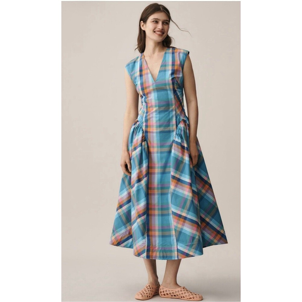 Anthropologie Maeve Midi Dress Blue Basque Waist Preppy Vacay Coastal Small NWT